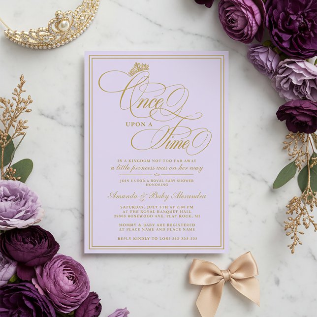 Purple Once Upon A Time Princess Baby Shower Inbjudningar (Purple and Gold Princess Baby Shower Invitation | Once Upon a Time Baby Shower Invite)