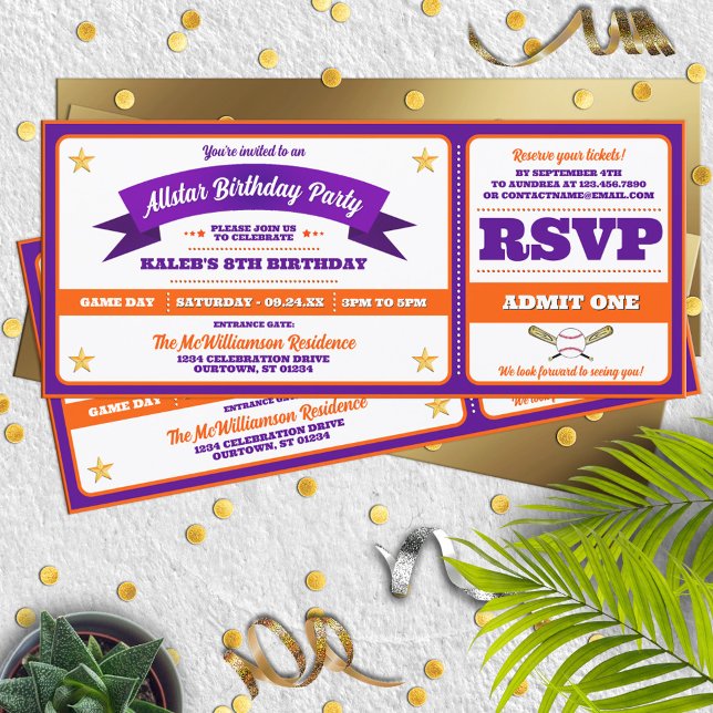 Purple & Orange Baseball Allstar Ticket Birthday Inbjudningar (Skapare uppladdad)