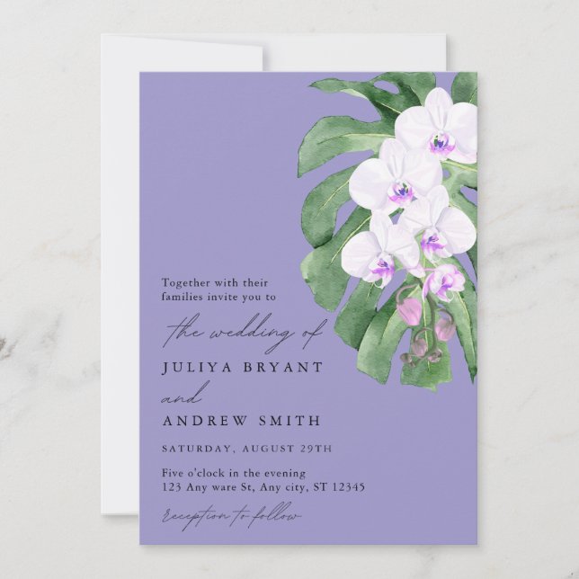 Purple Orchid on Tropical leaf script wedding Inbjudningar (Framsida)