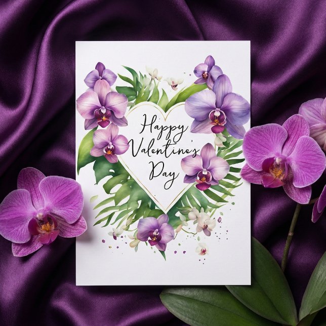 Purple Orchid Watercolor Tropical Valentine's Card (Skapare uppladdad)