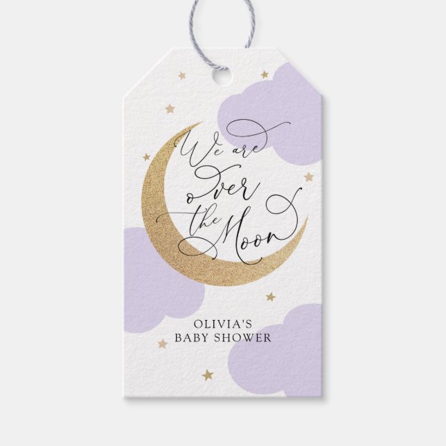Purple Over the Moon Baby Shower Presentetikett (Framsidan)