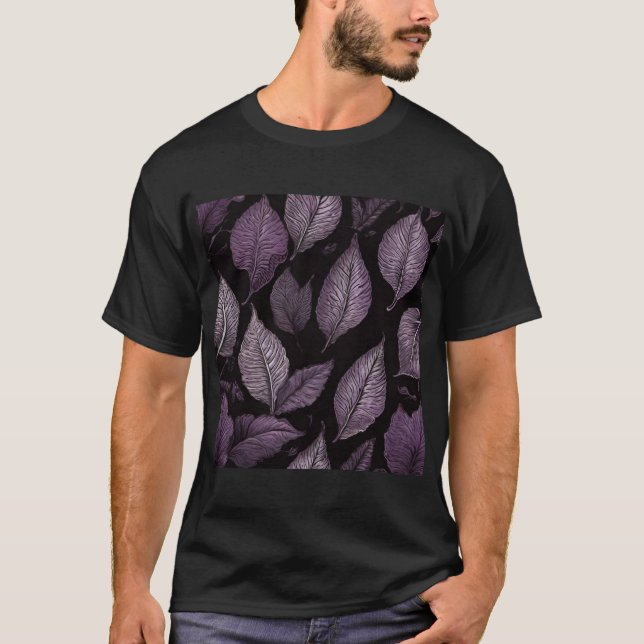 "Purple Palm Leaf Black Tee - Coastal Elegance Shi (Framsida)