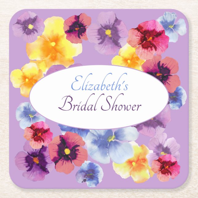 Purple Pansy Boho Floral Bridal Shower Underlägg Papper Kvadrat (Framsidan)