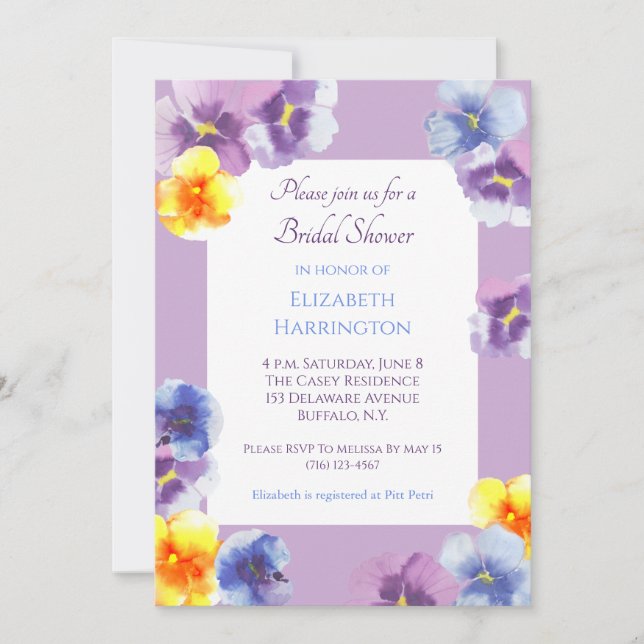 Purple Pansy Watercolor Boho Bridal Shower Inbjudningar (Framsida)
