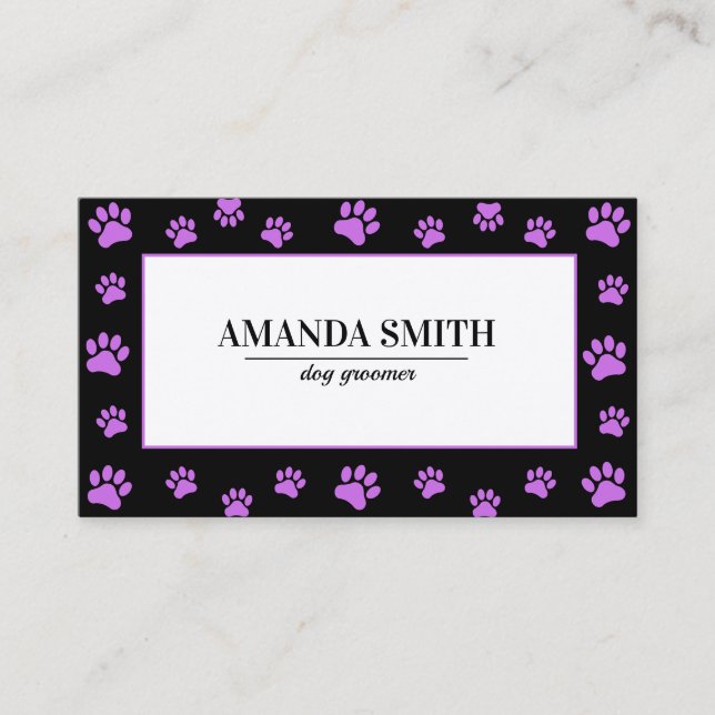 Purple Paw Prints Black Dog Groomer Business Card Visitkort (Framsida)