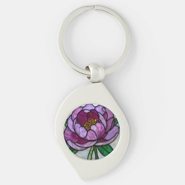 Purple Peony Stained Glass Swirl Silverfärgad Nyckelring (Framsidan)