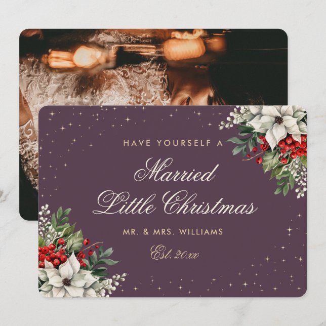 Purple Photo First Married Christmas Wedding Julkort (Fram/baksida)