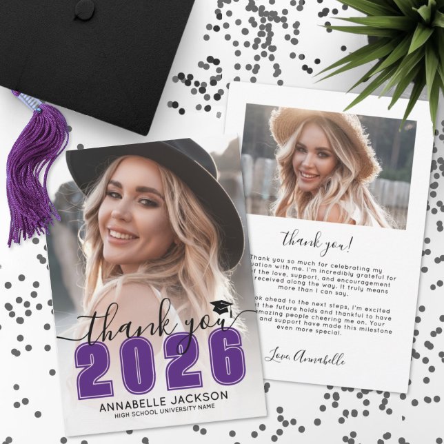 Purple Photo Graduation Tack Kort (Purple Photo Graduation Thank You Card )