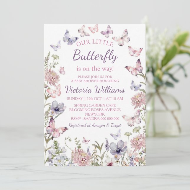 Purple Pink Butterfly Baby Girl Baby Shower Inbjudningar (Stående Fram)