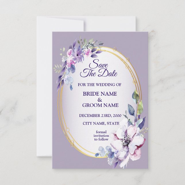 Purple Pink Floral Watercolor Golden Wedding Spara Datumet (Framsida)