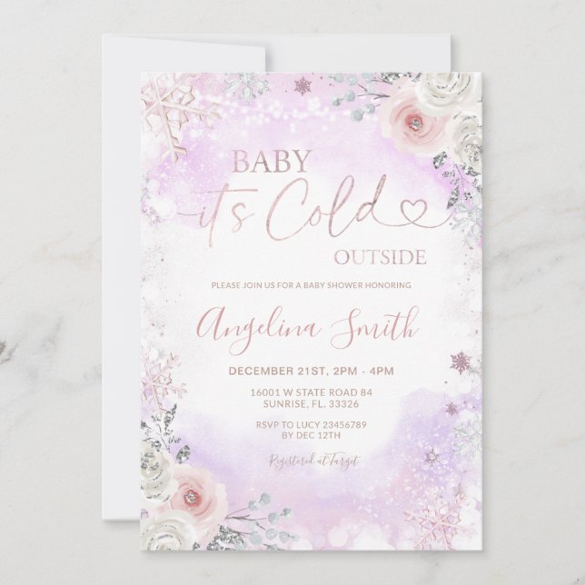 Purple Pink It’s Cold Outside Winter Baby Shower  Inbjudningar (Framsida)