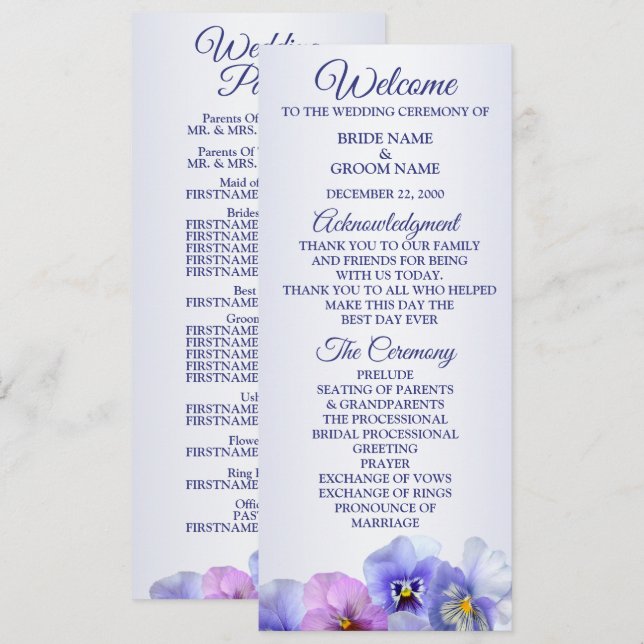 Purple Pink Lilac Pansy Floral Rustic Wedding Program (Fram/baksida)