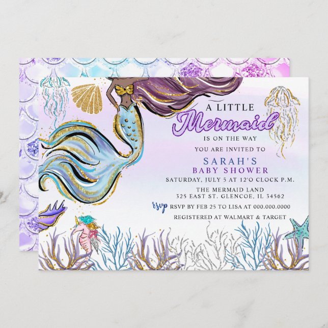 Purple Pink Modern Glitter Mermaid Baby Shower Inbjudningar (Fram/baksida)