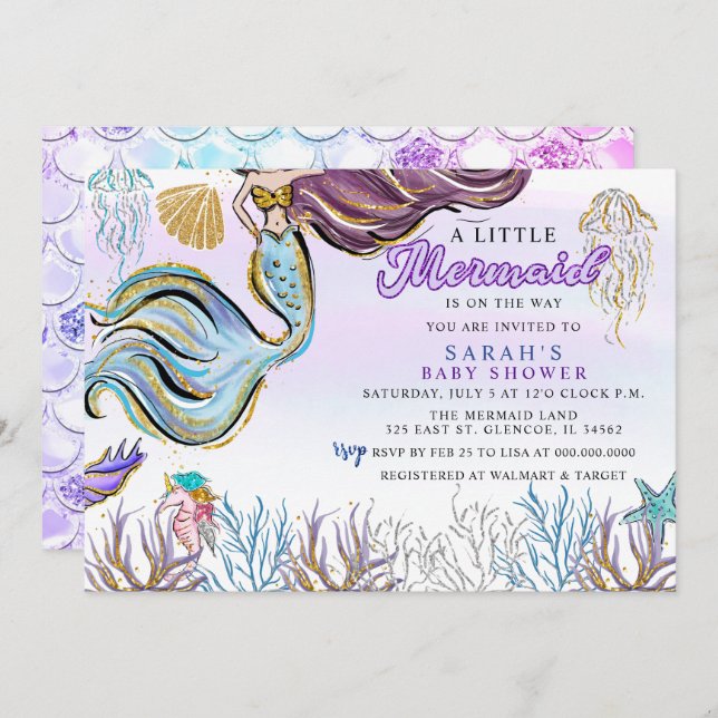 Purple Pink Modern Glitter Mermaid Baby Shower Inbjudningar (Fram/baksida)