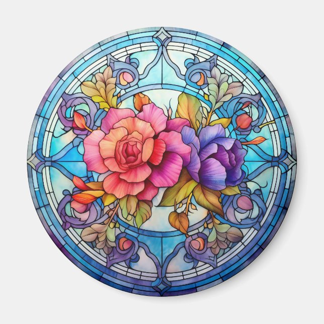 Purple & Pink Rose Floral Faux Stained-Glass Magnet (Framsidan)