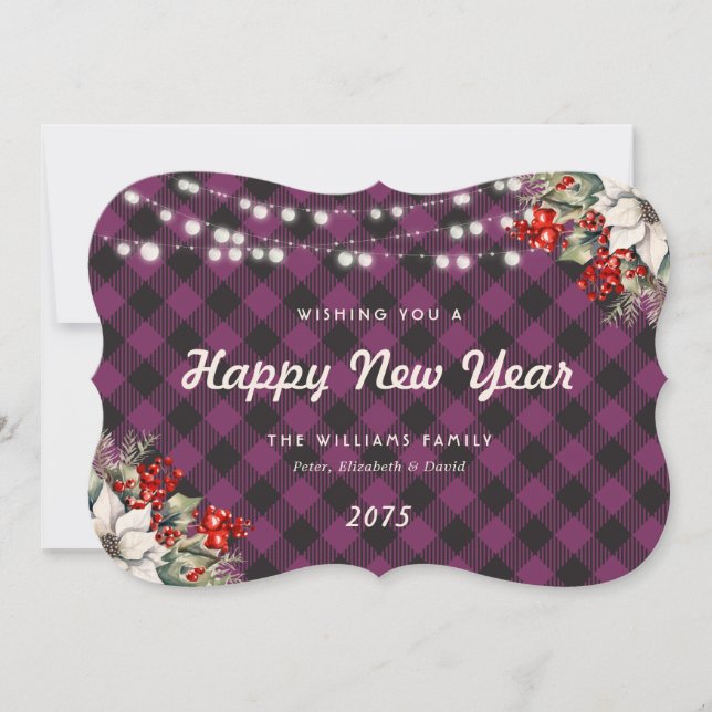 Purple Plaid Botanical String Lights New Year Card Julkort (Framsida)