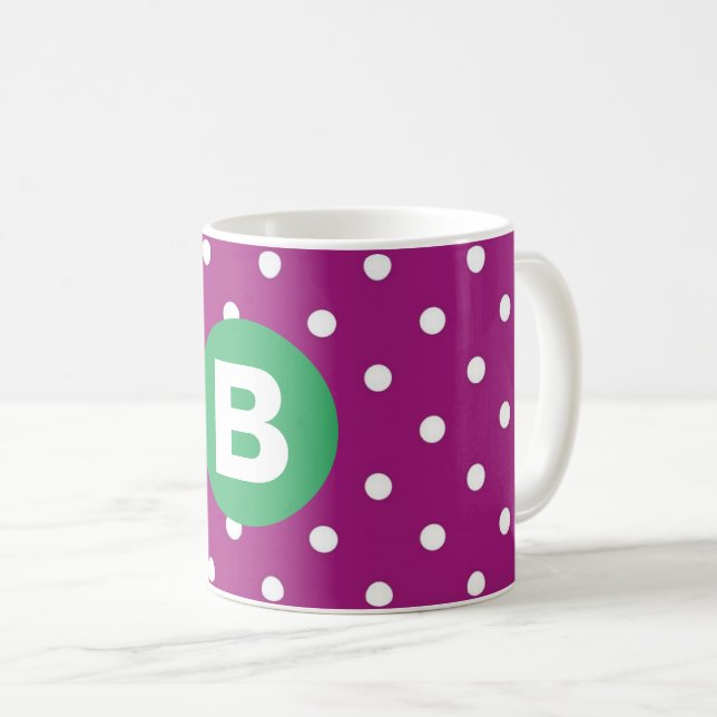 Purple Polka Dot Pattern Green Monogram Kaffemugg (Framsida höger)