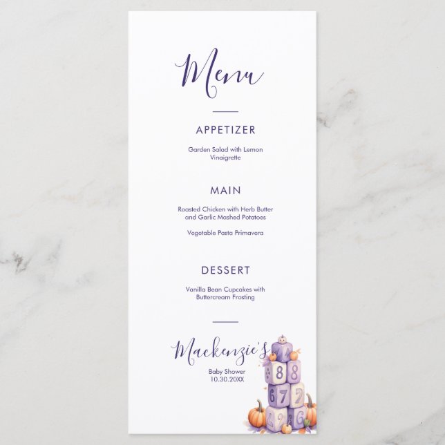 Purple Pumpkin Baby Shower Party Menu Meny (Framsida)
