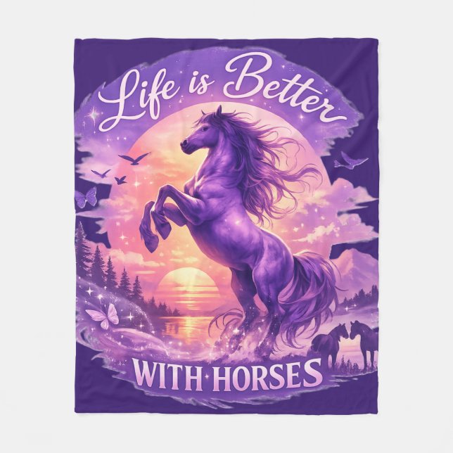 Purple Rearing Horse Sunset Fantasy Art  Fleecefilt (Framsidan)