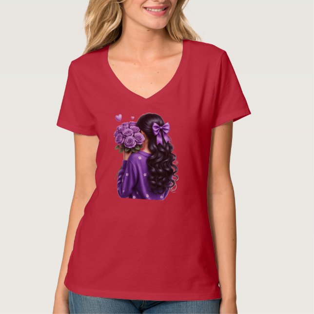 Purple Rose Bouquet Girl Digital Art T Shirt (Framsida)