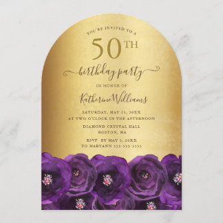 Purple Rose Floral Gold 50th Birthday Party Inbjudningar