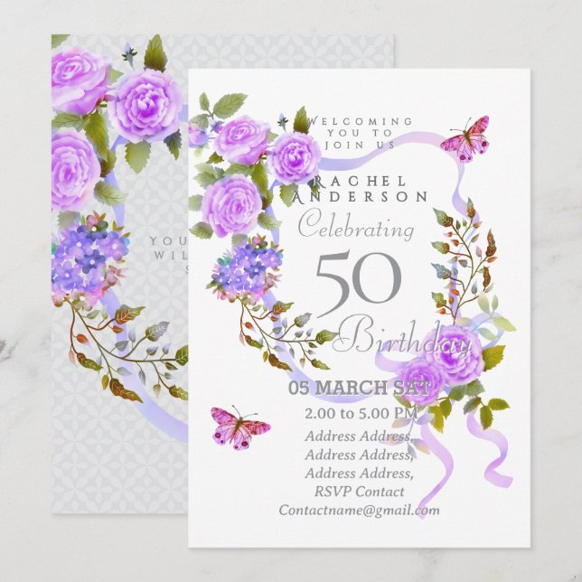 Purple Rose Ribbon 50th  Birthday Invitation Inbjudningar (Fram/baksida)
