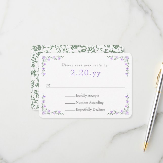 Purple Rose Vine Border Wedding RSVP Card OSA Kort (Fram/Back In Situ)