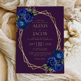 Purple Royal Blue Floral Gold Geometric Wedding Inbjudningar