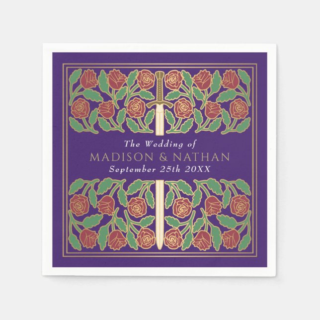 Purple Royal Medieval Gold Floral Sword Wedding Pappersservett (Framsidan)