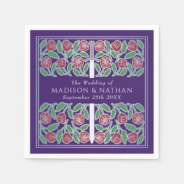 Purple Royal Medieval Silver Floral Sword Wedding Pappersservett (Framsidan)
