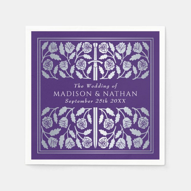 Purple Royal Medieval Silver Sword Wedding Pappersservett (Framsidan)