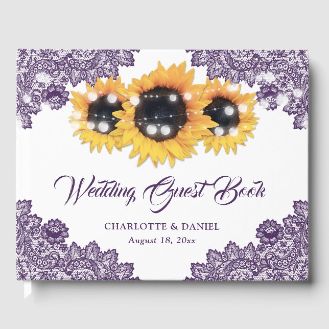 Purple Rustic Floral Lace Sunflower Wedding Gästböcker (Framsida)