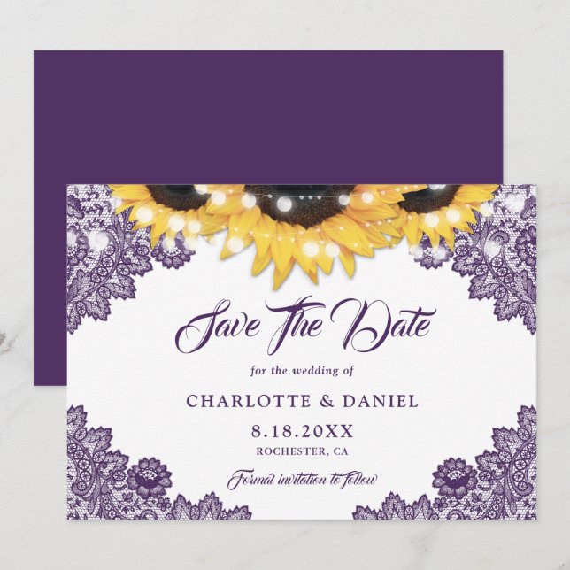 Purple Rustic Floral Lace Sunflower Wedding Spara Datumet (Fram/baksida)