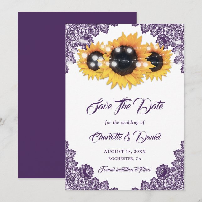 Purple Rustic Floral Lace Sunflower Wedding Spara Datumet (Fram/baksida)