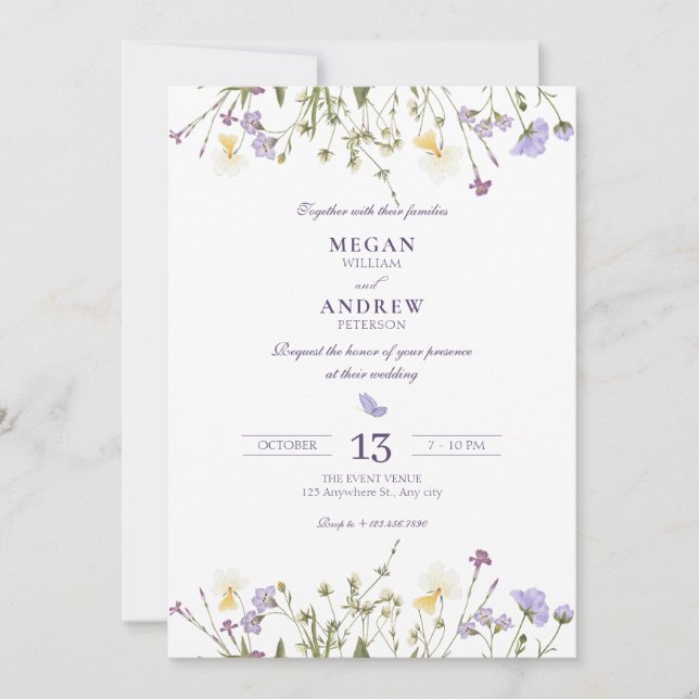 Purple Rustic Wildflowers wedding Inbjudningar (Framsida)