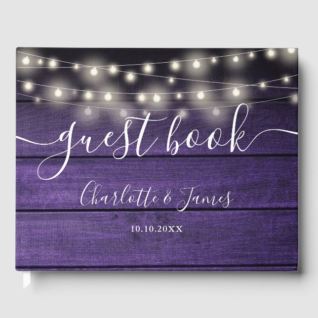 Purple Rustic Wood String Lights Photo Wedding Gästböcker (Framsida)
