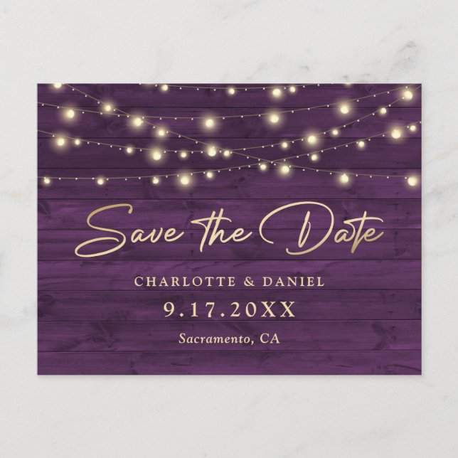 Purple Rustic Wood String Lights Wedding Meddelande Vykort (Framsida)