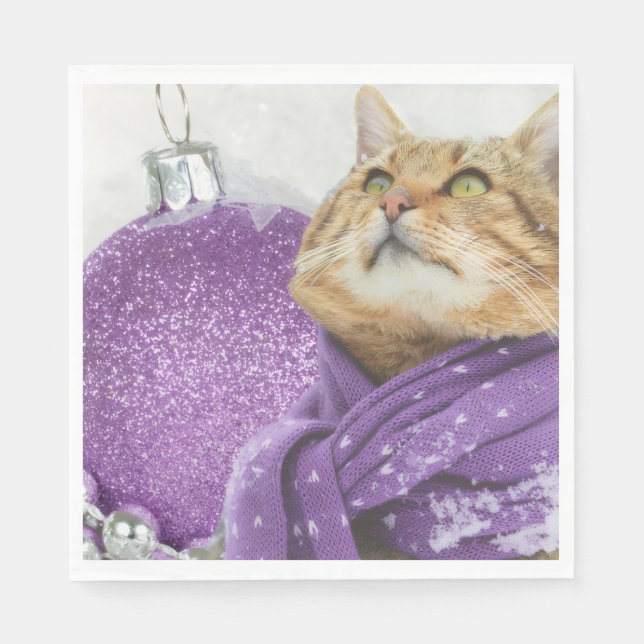 Purple Scarf Winter Cat Napkins Pappersservett (Framsidan)
