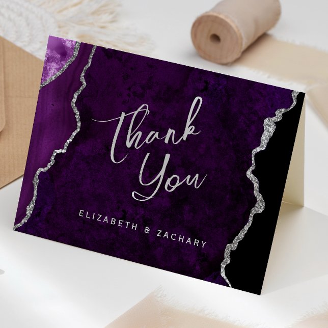 Purple Silver Agate Script Wedding Thank You Kort (Skapare uppladdad)