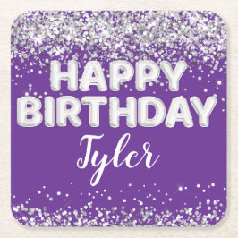 Purple Silver Birthday Party Underlägg Papper Kvadrat