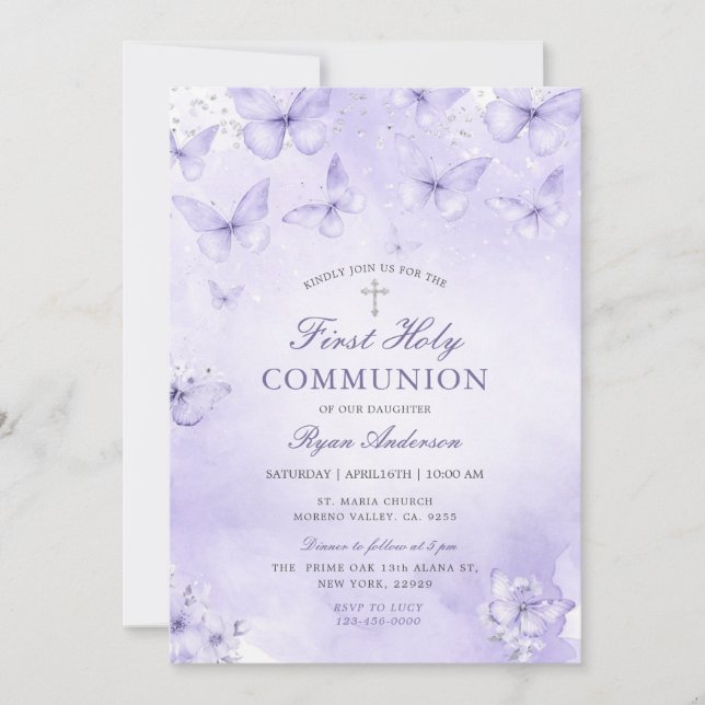 Purple Silver Butterfly First Holy Communion  Inbjudningar (Framsida)