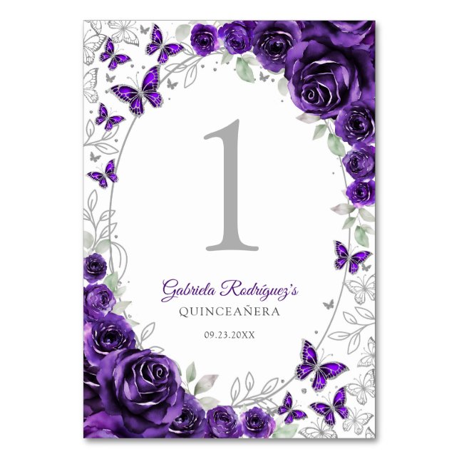 Purple Silver Floral Quinceanera Bordsnummer (Framsidan)