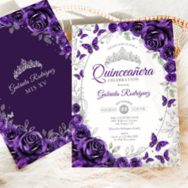 Purple Silver Floral Quinceanera Inbjudningar