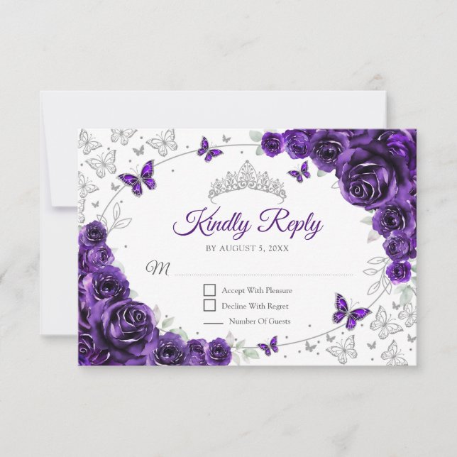 Purple Silver Floral Quinceanera Reply OSA Kort (Framsida)