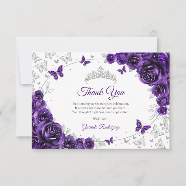 Purple Silver Floral Quinceanera Tack Kort (Framsida)