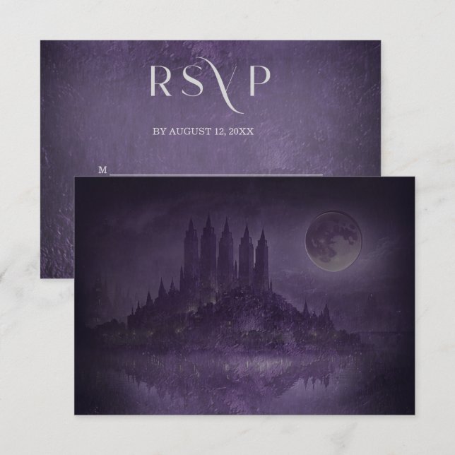 Purple Silver Gothic Romance Wedding RSVP OSA Kort (Fram/baksida)