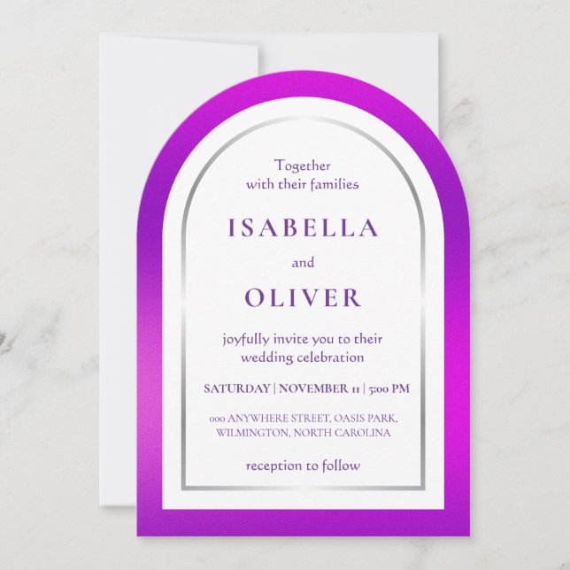 Purple silver gradient frame wedding inbjudningar (Framsida)