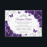 Purple Silver Quinceanera Reception Details Tilläggskort<br><div class="desc">Purple silver Quinceanera reception details enclosure cards. Features,  script font,  silver butterflies,  watercolor roses and tiara. Perfect for an elegant princess style glam celebration. Personalize with your own details.</div>