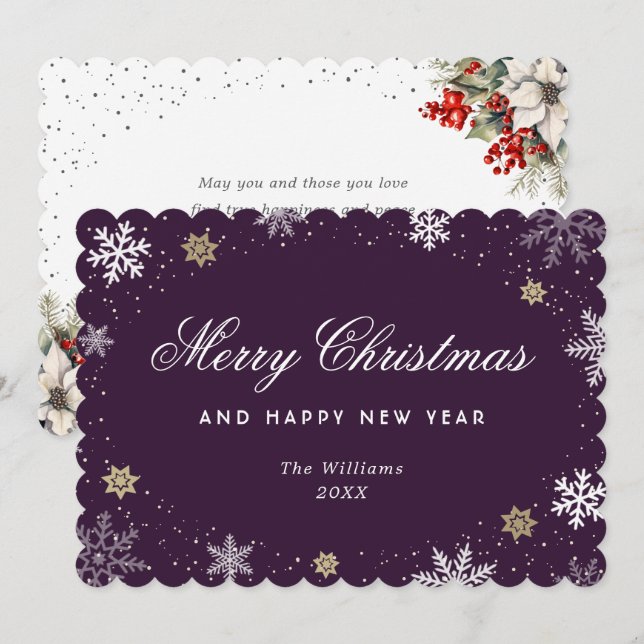 Purple Snowflake Watercolor Botanical  Julkort (Fram/baksida)