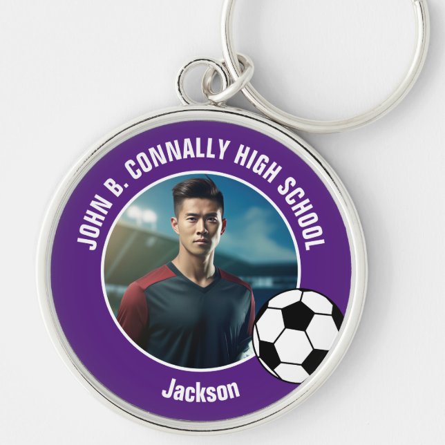 Purple Soccer Player Photo High School Rund Silverfärgad Nyckelring (Framsidan)